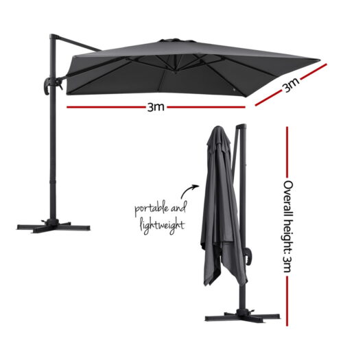 Instahut Outdoor Umbrella 3m Umbrellas Cantilever Stand Sun Roma 360 Degree Charcoal - Image 2