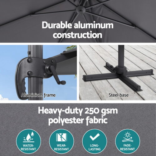 Instahut Outdoor Umbrella 3m Umbrellas Cantilever Stand Sun Roma 360 Degree Charcoal - Image 6