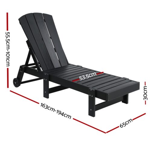 Gardeon Sun Lounge Beach Chair HDPE Adirondack Lounger Patio Outdoor Furniture with Wheels Black - Image 2