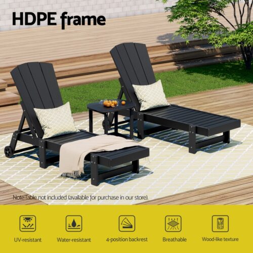 Gardeon Sun Lounge Beach Chair HDPE Adirondack Lounger Patio Outdoor Furniture with Wheels Black - Image 4