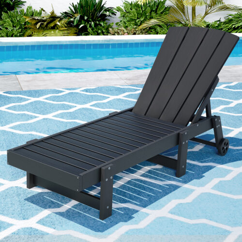 Gardeon Sun Lounge Beach Chair HDPE Adirondack Lounger Patio Outdoor Furniture with Wheels Black - Image 7