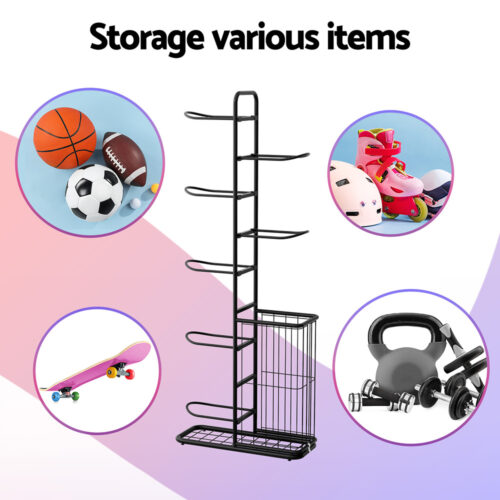 Everfit Ball Storage Rack Sports Equipment Organizer 7-Tier with Basket for Garage Gym Black - Image 5