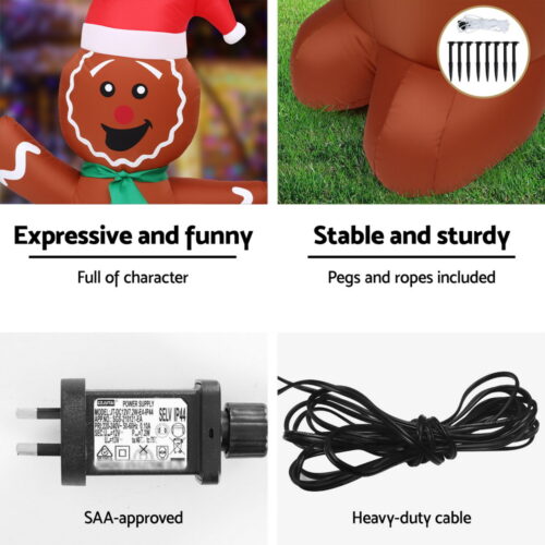 Jingle Jollys Christmas Inflatable Gingerbread Man 1.5M Height LED Decorations Illuminated - Image 7