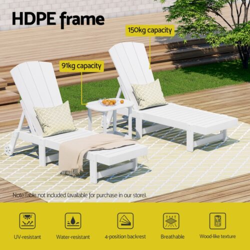 Gardeon 3pcs Sun Lounge Adirondack Outdoor Table Chairs Patio Furniture White - Image 4