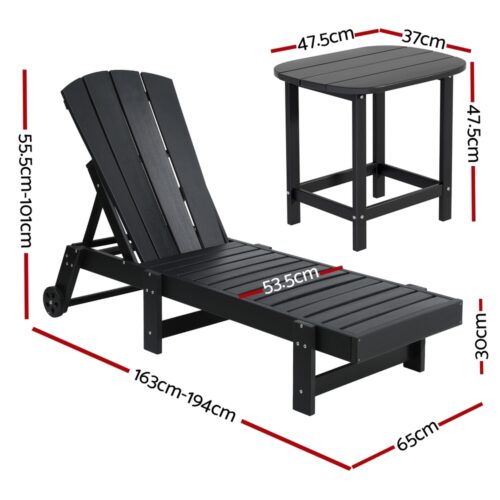 Gardeon 3pcs Sun Lounge Adirondack Outdoor Table Chairs Patio Furniture Black - Image 2