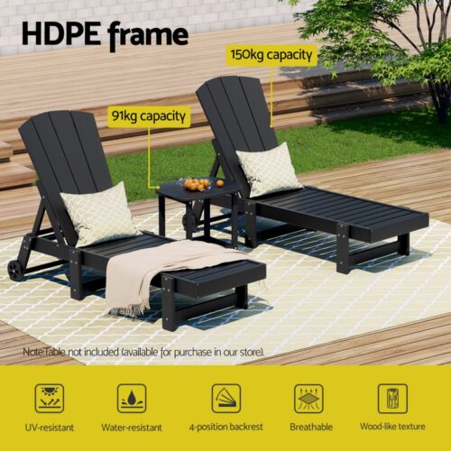 Gardeon 3pcs Sun Lounge Adirondack Outdoor Table Chairs Patio Furniture Black - Image 4