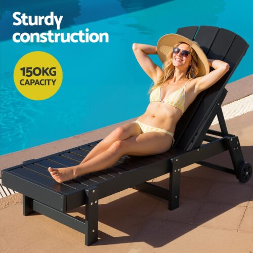 Gardeon 3pcs Sun Lounge Adirondack Outdoor Table Chairs Patio Furniture Black - Image 6