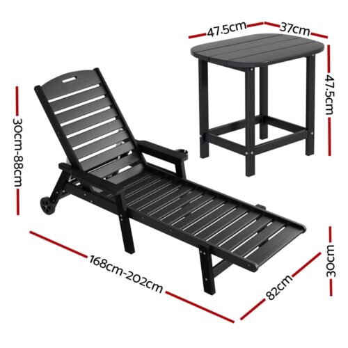 Gardeon Sun Lounger Set  HDPE Lounge Beach Table Chairs Patio Outdoor Furniture with Wheels Black - Image 2