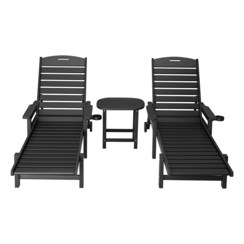 Gardeon Sun Lounger Set  HDPE Lounge Beach Table Chairs Patio Outdoor Furniture with Wheels Black - Image 3
