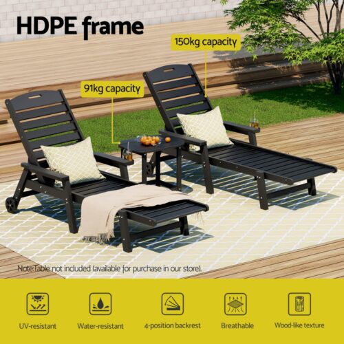 Gardeon Sun Lounger Set  HDPE Lounge Beach Table Chairs Patio Outdoor Furniture with Wheels Black - Image 4