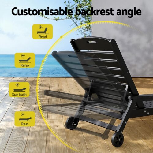 Gardeon Sun Lounger Set  HDPE Lounge Beach Table Chairs Patio Outdoor Furniture with Wheels Black - Image 5