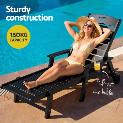 Gardeon Sun Lounger Set  HDPE Lounge Beach Table Chairs Patio Outdoor Furniture with Wheels Black - Image 6
