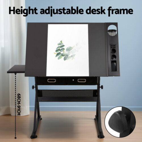 Artiss Drawing Desk Stool Set Drafting Table Adjustable Angle Tilt Drawers Black - Image 4
