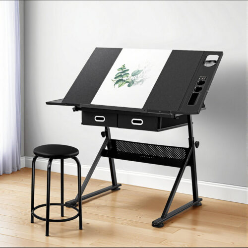 Artiss Drawing Desk Stool Set Drafting Table Adjustable Angle Tilt Drawers Black - Image 7