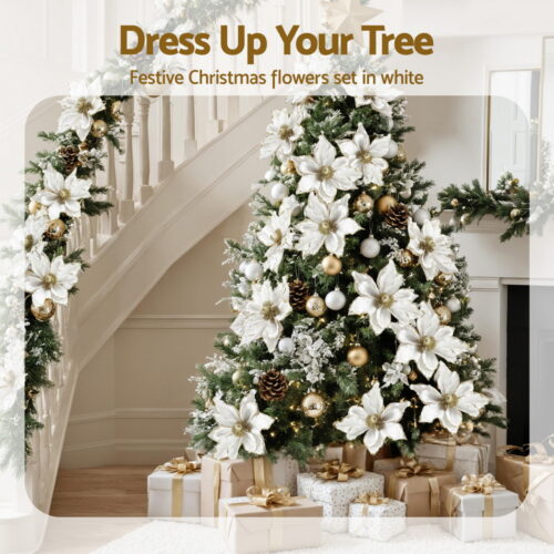 Jingle Jollys 14Pcs Christmas Tree Flower Set Xmas Garland Wreath Magnolia White - Image 4