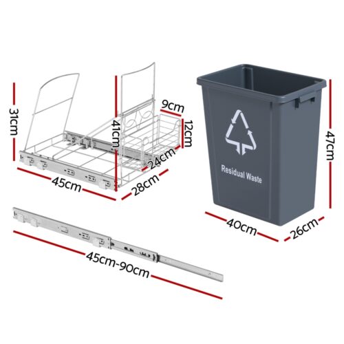 Cefito Pull Out Bin Kitchen Cabinet Slide Garbage Rubbish Bins Basket 40L Grey - Image 2