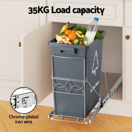 Cefito Pull Out Bin Kitchen Cabinet Slide Garbage Rubbish Bins Basket 40L Grey - Image 6
