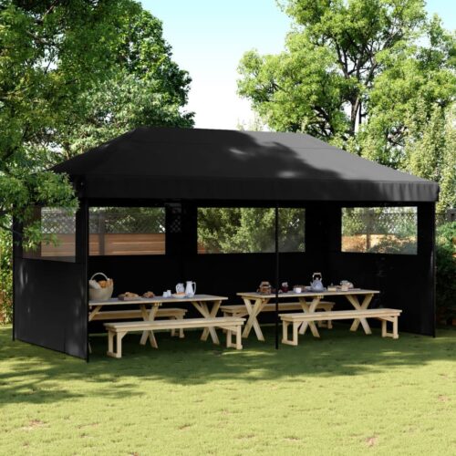 Foldable Outdoor Gazebo Event Party Wedding Garden Camping Tent Pop-Up with 3 Sidewalls Black - Image 2