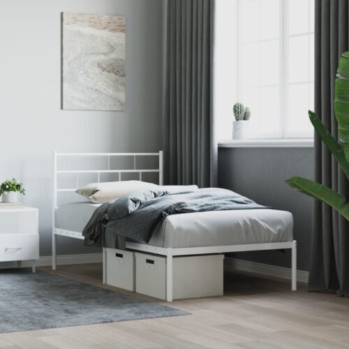 Metal Bed Frame with Headboard White 107x203cm King Single - Image 2