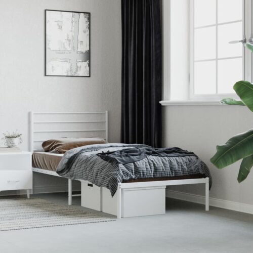 Metal Bed Frame with Headboard White 107x203cm King Single - Image 2