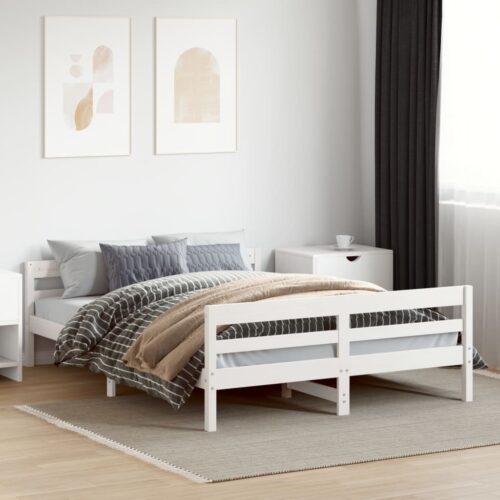 Bed Frame White 137x187cm Double Solid Wood Pine - Image 2