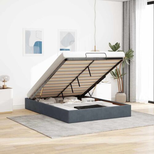 Ottoman Storage Bed Frame No Mattress Dark Grey Double Velvet - Image 2