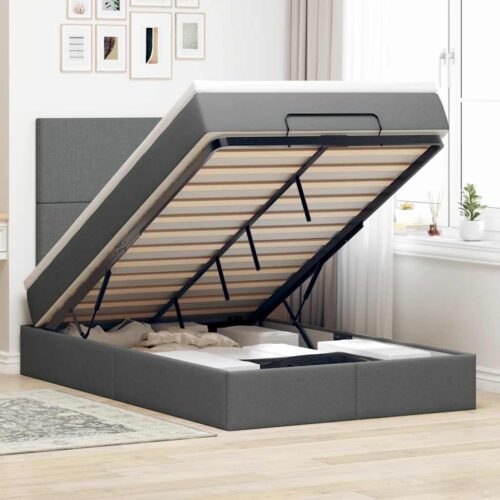 Storage Under Bed Frame with Mattress Set Lift Base Dark Grey King Single Fabric