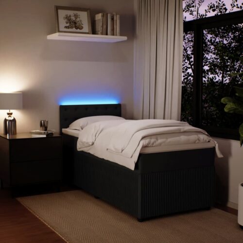 LED Lights Velvet Bed Frame with Mattress Set Spring Base Black King Single - Image 5
