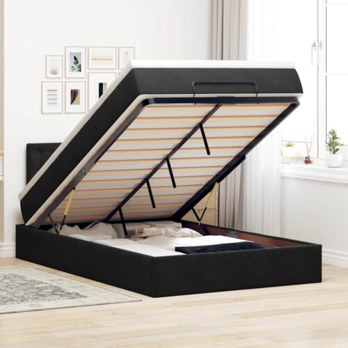 LED Lights Storage Bed Frame with Mattress Set Lift Base Black King Single Velvet - Image 2