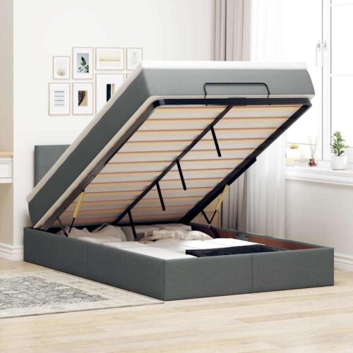 LED Lights Storage Bed Frame with Mattress Set Base Dark Grey King Single Fabric - Image 2
