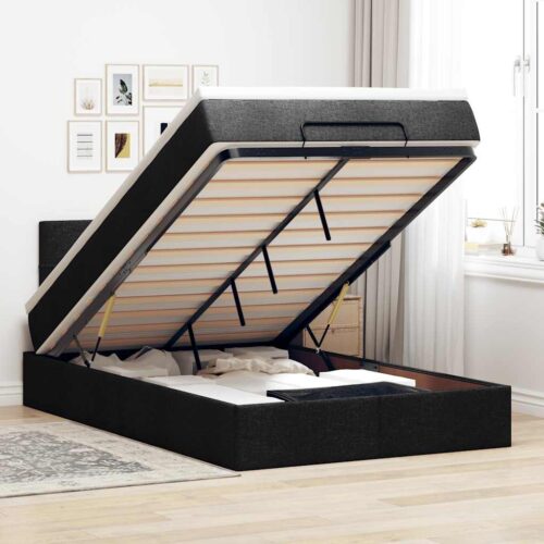 LED Lights Storage Bed Frame with Mattress Set Lift Base Black King Single Fabric - Image 2
