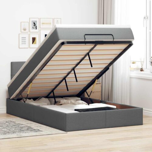 Storage Bed Frame with Mattress Set Lift Under Base Dark Grey King Single Fabric - Image 2