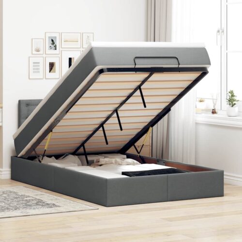 Storage Bed Frame with Mattress Set Lift Under Base Dark Grey King Single Fabric