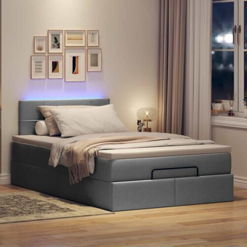 LED Lights Storage Bed Frame with Mattress Set Base Dark Grey King Single Fabric - Image 3