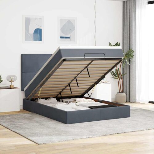 Ottoman Bed with Mattresses & LEDs Dark Grey Queen Velvet - Image 2