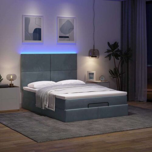Ottoman Bed with Mattresses & LEDs Dark Grey Queen Velvet - Image 3