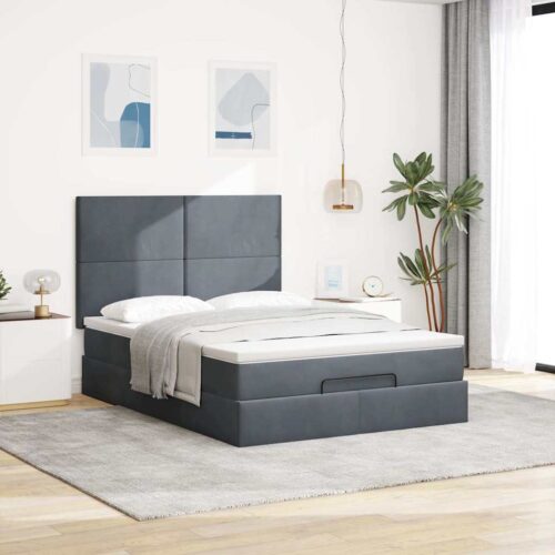 Ottoman Bed with Mattresses & LEDs Dark Grey Queen Velvet - Image 4