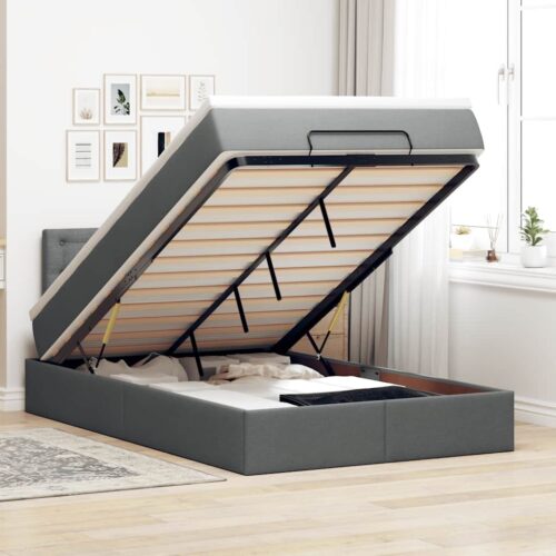 LED Lights Storage Bed Frame with Mattress Set Base Dark Grey King Single Fabric - Image 2