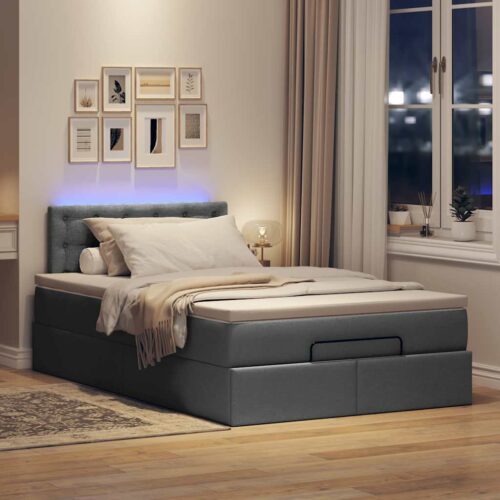 LED Lights Storage Bed Frame with Mattress Set Base Dark Grey King Single Fabric - Image 3