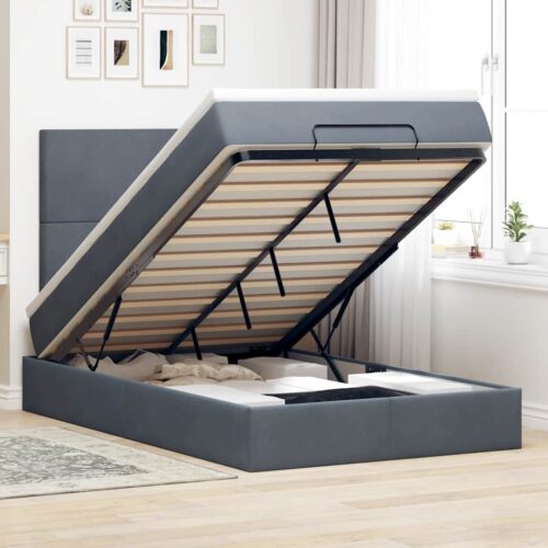 Storage Bed Frame with Mattress Set Lift Under Base Dark Grey King Single Velvet - Image 2