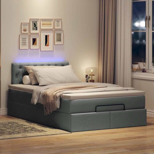 LED Lights Storage Bed Frame with Mattress & Topper Set Dark Grey King Single Fabric