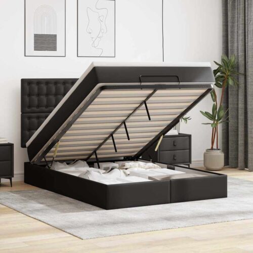 Ottoman Bed with Mattress & LEDs Black Queen Faux Leather - Image 2