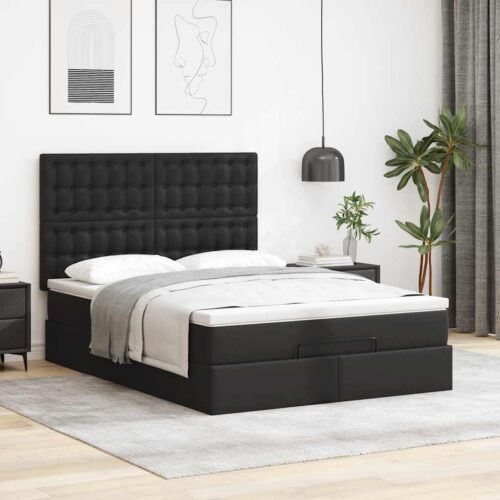 Ottoman Bed with Mattress & LEDs Black Queen Faux Leather - Image 4