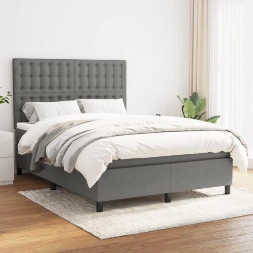 Bed Frame with Mattress Set Spring Base Dark Grey 137x187cm Double Size Fabric - Image 2