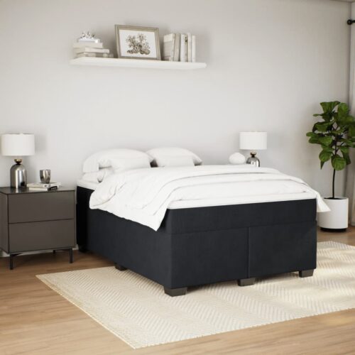 Bed Frame with Mattress & Topper Set Spring Platform Box Base Black Queen Velvet - Image 2