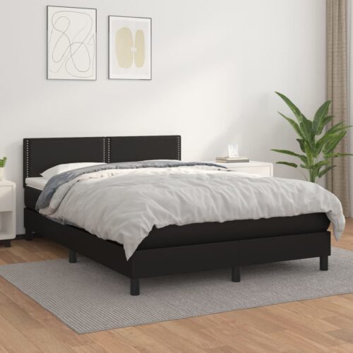 Bed Frame with Mattress Set Spring Box Base Black 153x203cm Queen Size Faux Leather - Image 3