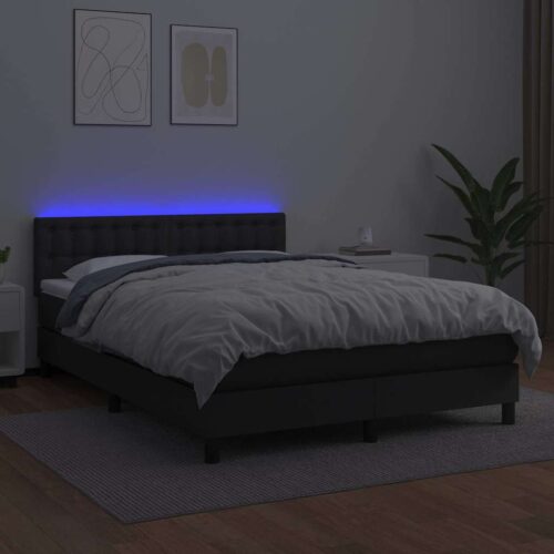 Box Spring Bed with Mattress&LED Black 153x203cm Queen Size Faux Leather - Image 2