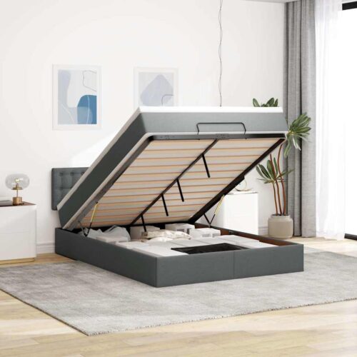 Storage Bed Frame with Mattress Set Lift Base  Dark Grey Double Fabric - Image 2