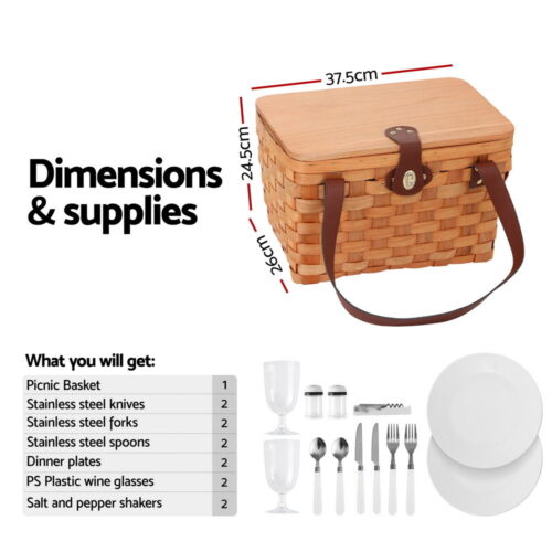 Alfresco 2 Person Picnic Basket Set Wooden Cooler Bag Plates Outdoor Insulated - Image 2