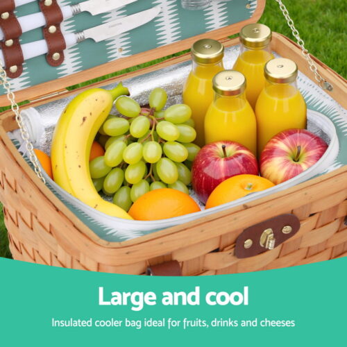 Alfresco 2 Person Picnic Basket Set Wooden Cooler Bag Plates Outdoor Insulated - Image 5